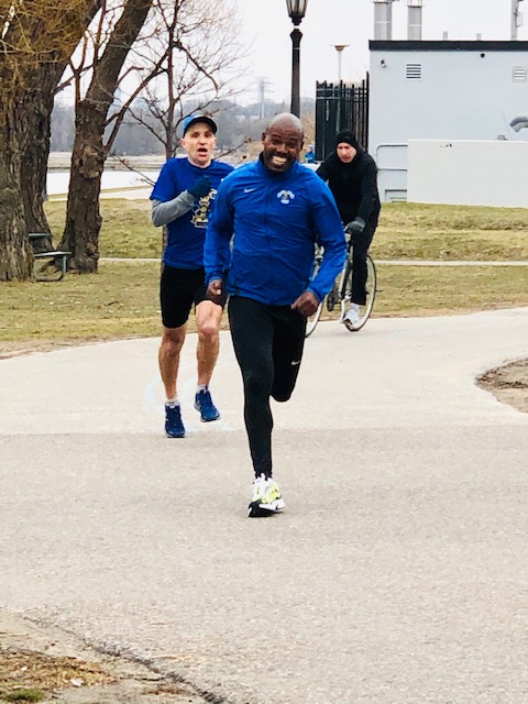Welcome back Bonsa Atomsa Gonfa!  Awesome to see you out!!  This was also just a “training” run!  Getting back into racing shape!  The 5th gear, super-fast wheels are coming…. Ian pushing hard, coming off a hamstring strain.  Fantastic work Ian!!  Bonsa and Ian finished, 5th and 6th, respectively.